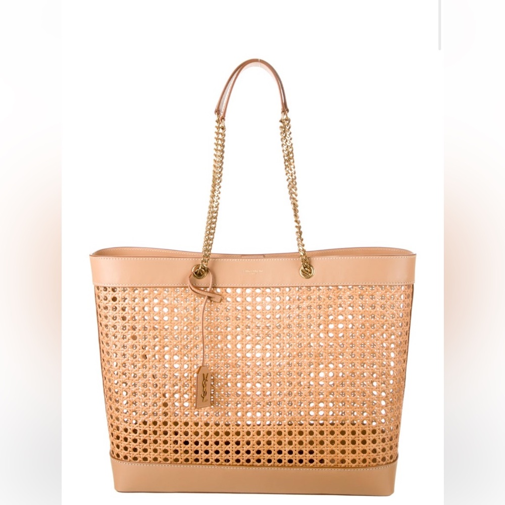 Saint Laurent Leather Trimmed Woven Cane East West Shopping tote